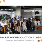 Students working backstage with lights, sets, and props at JDS Creative Academy